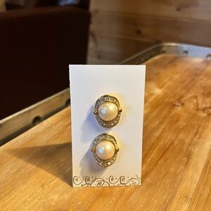 Vintage Faux Pearl & Rhinestone Pierced Earrings Classic “Dior” style Goldtone